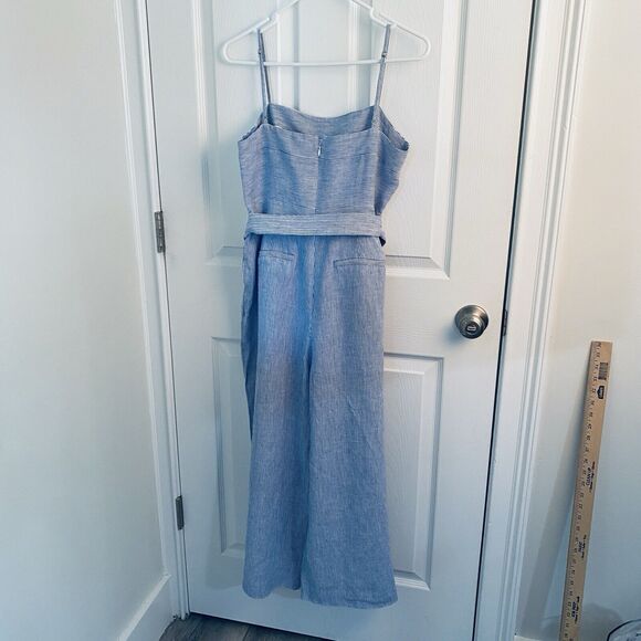 J Crew Linen Jumpsuit Womens Size 10 Pinstripe Wide Leg Blue NWOT w/ Belt - Picture 5 of 6